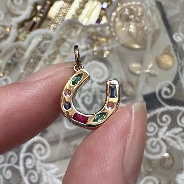 Solid Gold Lucky Aurora Horseshoe Pendant | Multicolored Sapphire, Ruby, Emerald Gemstones | 10k, 14k