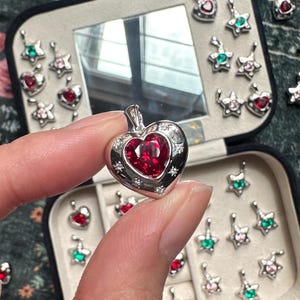 Sterling Silver LARGE Chunky Heart Ruby Pendant | Gemstone, Diamonds | Rhodium Plated