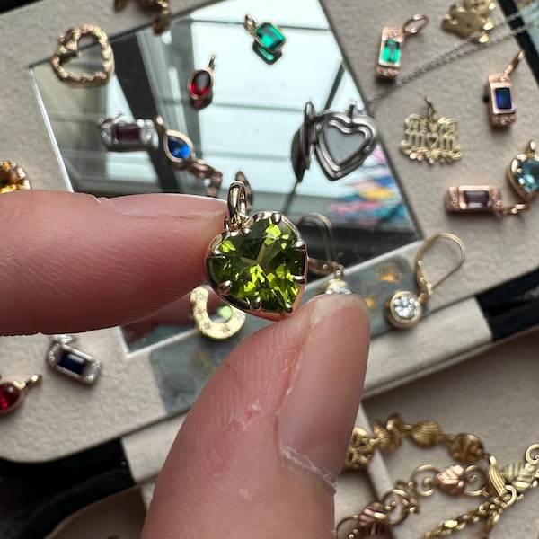 Solid Gold Natural Peridot Heart Georgian Pendant | Gemstone | 10k, 14k