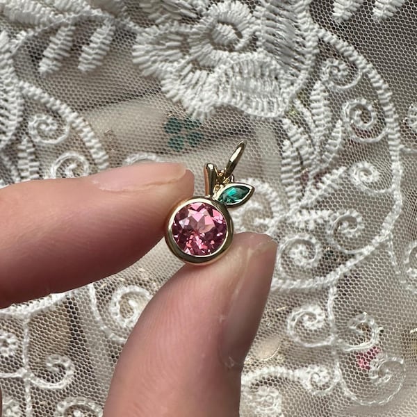 Solid Gold Rosy Fruit Pendant with Warm Pink Sapphire & Emerald Leaf | 9k/10k/14k | Holiday Gift, Christmas Jewelry