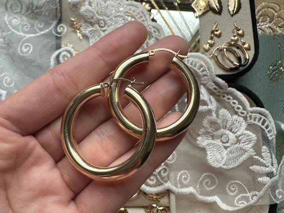 Solid Gold Chunky Stack Hoop Earrings | 14k | Hol… - image 2