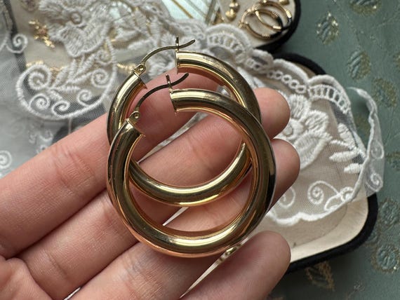 Solid Gold Chunky Stack Hoop Earrings | 14k | Hol… - image 1