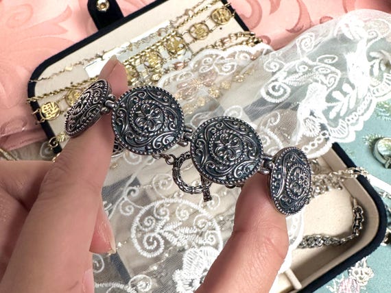 Sterling Silver Scrollwork Round Link Bracelet | … - image 1