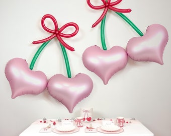 Pink Cherry Heart Balloon Kit - 2 pack || Valentine’s Day Cherry Party Decor || Bows & Cherries || Cherry Shower Decor || Cherry Birthday