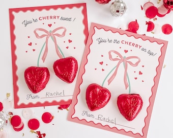 Bows & Cherries Valentine's Day Cards || Cherry Valentine Printables || Cherry Classroom Valentine's || Cherry Heart and Ribbon