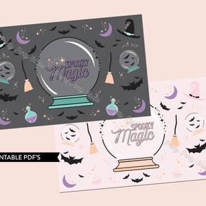 Op de afbeelding: Twee printable PDF-bladen met een griezelig magisch thema. De bladen bevatten een kristallen bol met vleermuizen, sterren, manen en een heksenhoed. De tekst "Spooky Magic" staat op de kristallen bol.