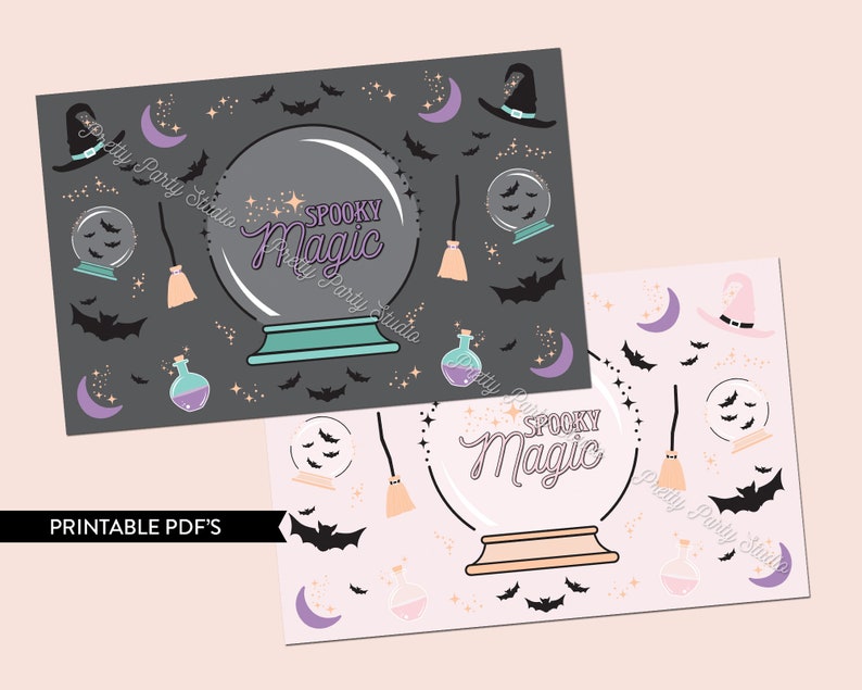 Op de afbeelding: Twee printable PDF-bladen met een griezelig magisch thema. De bladen bevatten een kristallen bol met vleermuizen, sterren, manen en een heksenhoed. De tekst "Spooky Magic" staat op de kristallen bol.