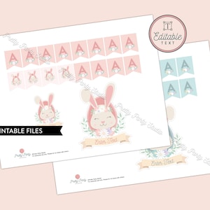 May include: Printable party decorations featuring a cute bunny with pink ears and flowers. The set includes a banner with the letter A, cupcake toppers, and two larger bunny images with editable text boxes.