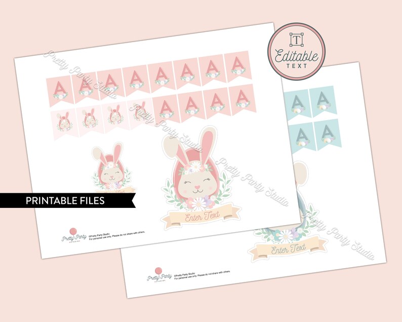 May include: Printable party decorations featuring a cute bunny with pink ears and flowers. The set includes a banner with the letter A, cupcake toppers, and two larger bunny images with editable text boxes.