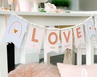 Love You Most Banner // Banner imprimible del Día de San Valentín Boho // Guirnalda del Día de Galentine // Decoración de la fiesta del Día de San Valentín // VD01