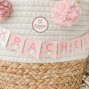 May include: A pink and white banner with the name "RACHEL" in pink letters. The banner is decorated with small flowers and is hanging from a woven basket.