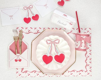 Bows & Cherries Place Setting Printables || Valentine’s Day Cherry Party Decor || Valentine’s Day breakfast || Cherry Heart and Ribbon