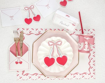 Bows & Cherries Place Setting Printables || Valentine’s Day Party || Valentine’s Day breakfast || Pink ribbons Heart cherries || Party Decor