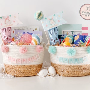 Personalized Easter Basket Name Tags Custom Printable Easter Basket Name Banner Girl & Boy Easter Name Tags Bunny Kisses EA01 image 1