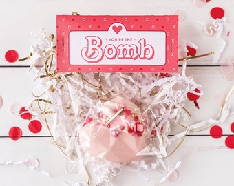 Topper de bolsa de regalo de bomba de chocolate caliente // Día de San Valentín rojo y rosa // Etiqueta de bomba de cacao caliente imprimible // Día de Galentines // VD02