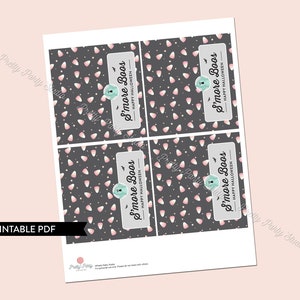 May include: Printable PDF sheet with four labels featuring a black and white candy corn pattern. Each label has a teal and white ghost graphic and the text "S'more Boos" with the words "Happy Halloween" underneath.
