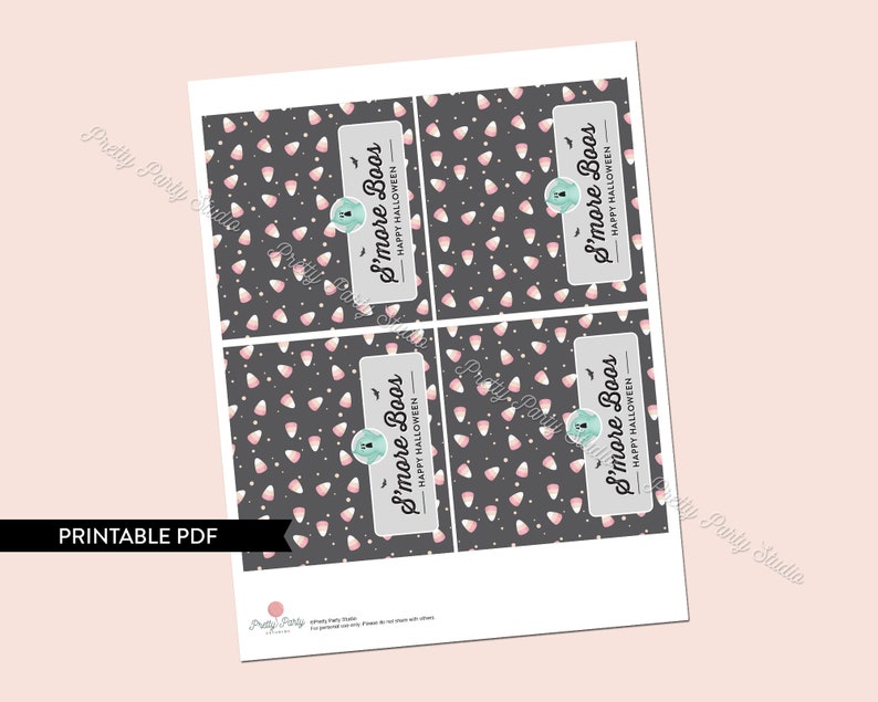 May include: Printable PDF sheet with four labels featuring a black and white candy corn pattern. Each label has a teal and white ghost graphic and the text "S'more Boos" with the words "Happy Halloween" underneath.