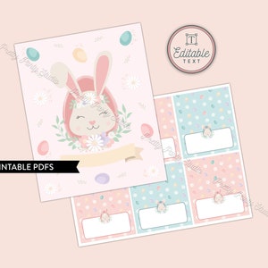 Pu&ograve; includere: Segnaposto di coniglio pasquale stampabili con un coniglio rosa che indossa una corona di fiori e circondato da uova pastello. Le carte hanno un motivo di uova rosa pastello e blu.