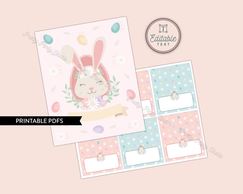 Pu&ograve; includere: Segnaposto di coniglio pasquale stampabili con un coniglio rosa che indossa una corona di fiori e circondato da uova pastello. Le carte hanno un motivo di uova rosa pastello e blu.