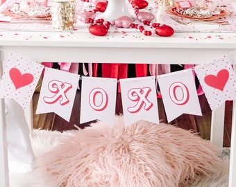 XOXO Estandarte del Día de San Valentín // Estandarte imprimible del Día de San Valentín // Guirnalda del Día de Galentine // Decoración de la fiesta del Día de San Valentín // VD02