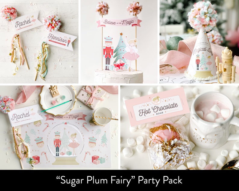 May include: A collection of party supplies with a "Sugar Plum Fairy" theme. Includes place cards, cake toppers, a party hat, a hot chocolate bomb, and a placemat. The color palette is soft pink, white, and gold.
