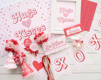 Paquete de fiesta del día de San Valentín // Kit de fiesta de San Valentín imprimible de abrazos y besos // Actividades y decoración de bricolaje // Decoración de fiesta de San Valentín para niños // VD02