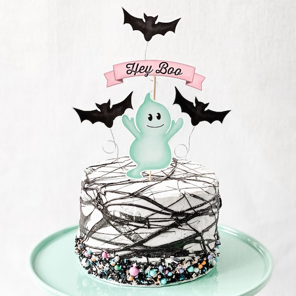 Hey Boo Cake Topper || Printable Halloween Cake Topper || Bats & Ghost Cake Topper || Kids Halloween Party Decor || H01