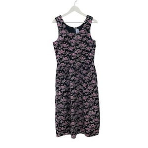 Vintage Women’s Size M Black Cotton Corduroy Pink Floral Cotttagecore Midi Jumper Dress Made in Maine USA