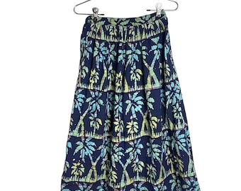 Vintage Women's 80s Blue Palm Tree Print Size XXS/XS 100% Cotton Pleated Midi Skirt by Ms. SERO