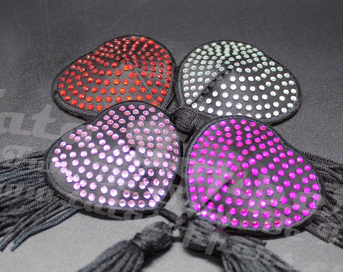 Burlesque Jeweled Heart Tassels - Go topless, go sheer with no fear! Self adhesive pasties cover nipples when topless/sheer