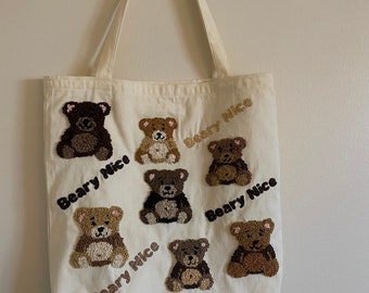 Beary Nice- Hand Embroidered Tote Bag, Reusable Bag, Eco-Friendly Canvas Bag