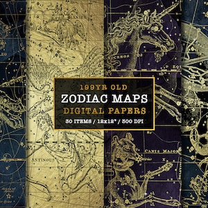Cartes de l'Atlas du zodiaque de 199 ans, 30 documents numériques, astrologie, céleste, ciel nocturne étoilé, constellations, illustrations, album