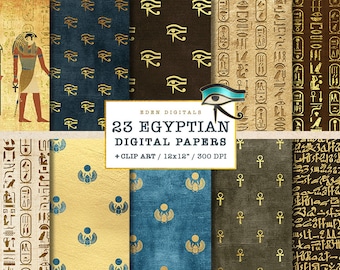 Paquete de papel digital egipcio, imágenes prediseñadas de Egipto, papel de álbum de recortes de jeroglíficos, patrones de papiro vintage de Egipto antiguo, papel digital oriental