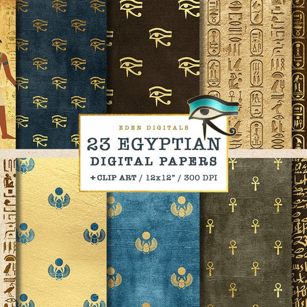 Egyptian Digital Paper Pack, Egypt Clipart, Hieroglyphics Scrapbook Paper, Papyrus Vintage Antique Egypt Patterns, Oriental digital paper
