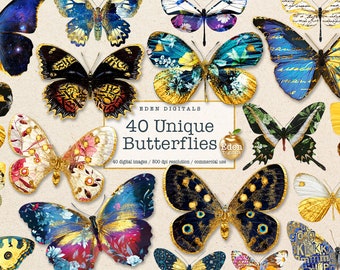 Butterflies Clipart Set, Gold Foil Butterfly Clipart, Unique Butterfly Illustrations, PNG Graphics, Scrapbook Embellishments, Commercial Use