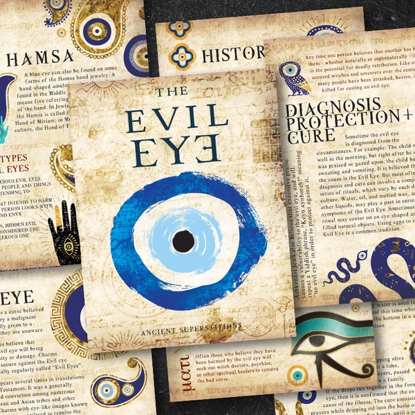 The Evil Eye, Printable Sheets, Grimoire, Digital Downloads, Spells, Hamsa Hand, Superstition, Commercial Use.