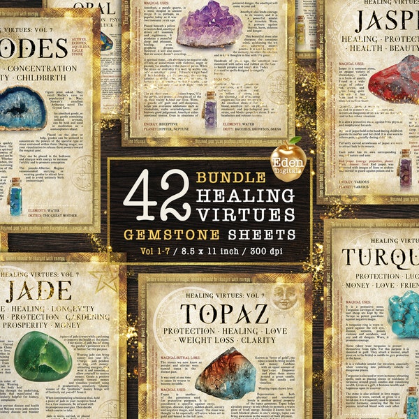 Healing Virtues BUNDLE!  Book of Shadows, Printable sheets of Gem Stones, Crystals and Minerals, Witchcraft, BOS Sheets, Magic, Spell