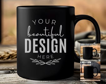 Mockup di tazza in ceramica nera / Mockup di tazza da 11 once / Immagine JPEG digitale / Foto stock in stile tazza da latte