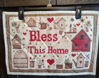 Bless this Home set of 4 quilted placemats (beige and red)