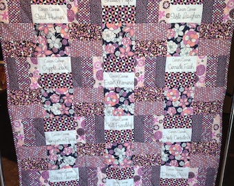 What Cancer Cannot Do homemade (salmon, mauve and navy blue) throw quilt