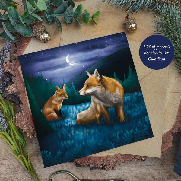 Magical Fox Greetings card 'Beneath the stars' |Fox illustration| Fox print|Magical woodland card|Seasonal card 14.8x14.8cm|British wildlife