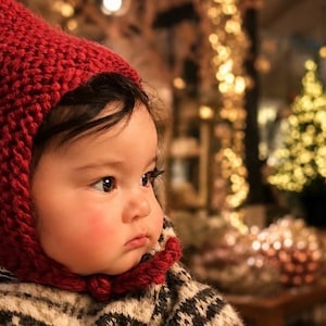 READY MADE Little Red Hat, Modern Look Pixie Bonnet, 100% Soft Pure Wool