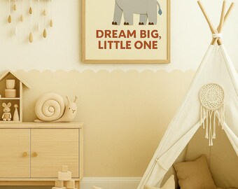 Lámina infantil de elefante: "Sueña en grande", género neutro (descarga digital)