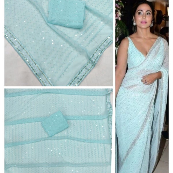 Sky Blue Saree Georgette Sari Sequence Embroidery Work Saree Blouse Sequins Work Sari Bollywood Designer Saree Wedding Party Wear Dress