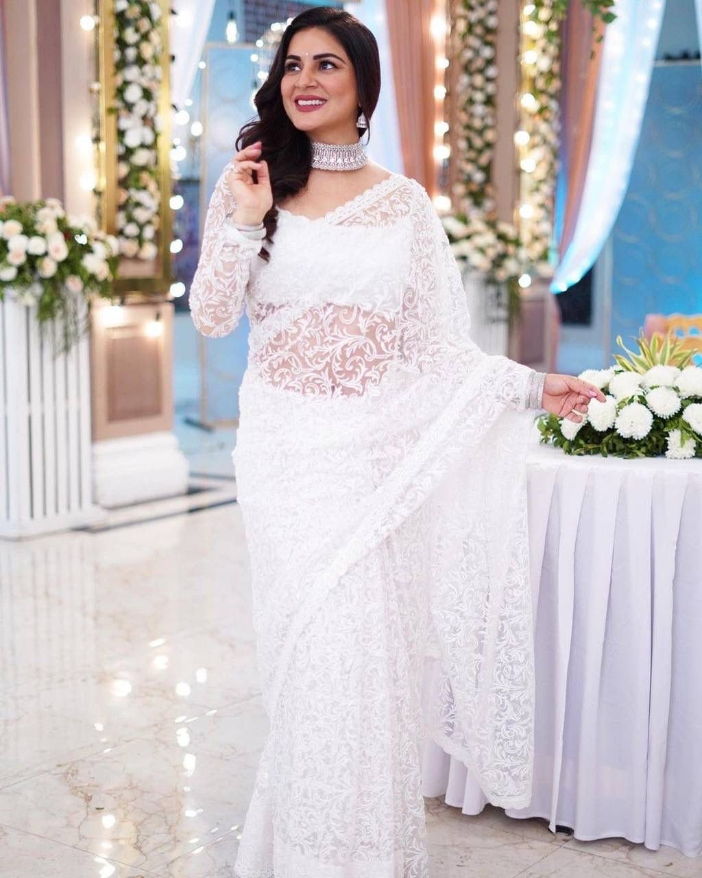 Pure White Sari Net Saree With Embroidery Work Sari With - Etsy Denmark
