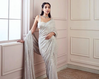 Silver Ice White Sequins Work Sari Embroidery Sequence Work Saree Bollywood Celebrity Fashion Sari with sequins Work Blouse Bridesmaid Dress