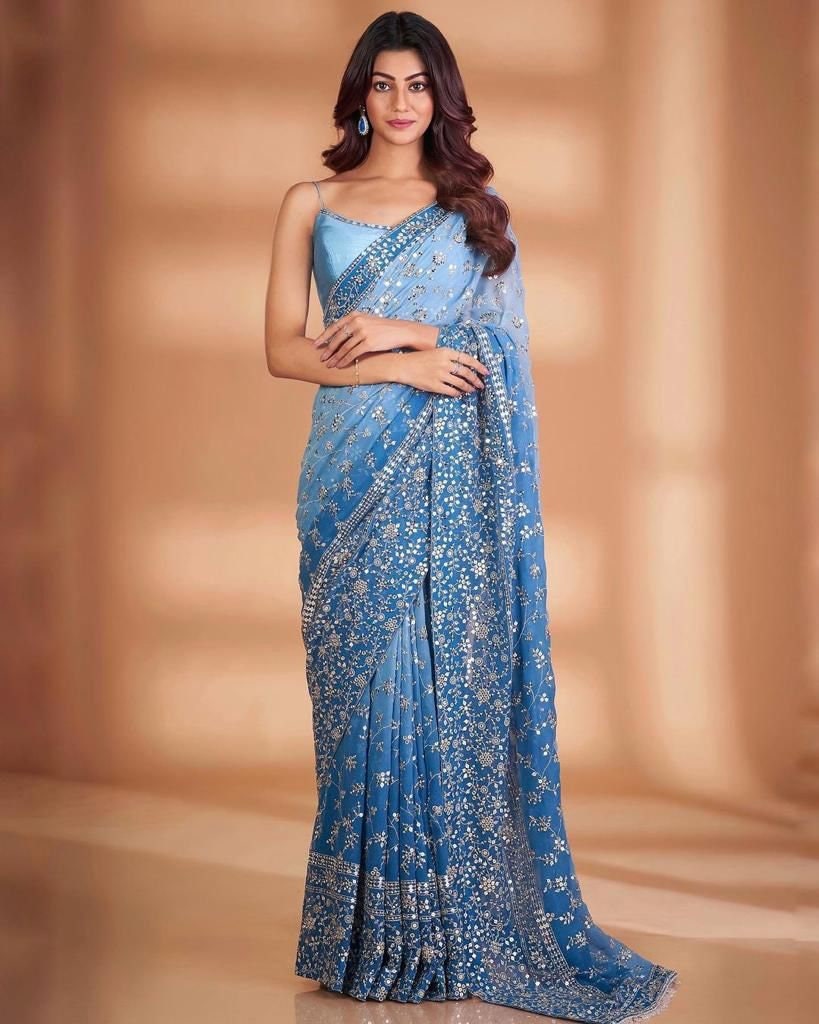 Buy Blue Viscose Georgette Embroidered Draped Saree Gown With Jacket For  Women by Aariyana Couture Online at Aza Fashions.