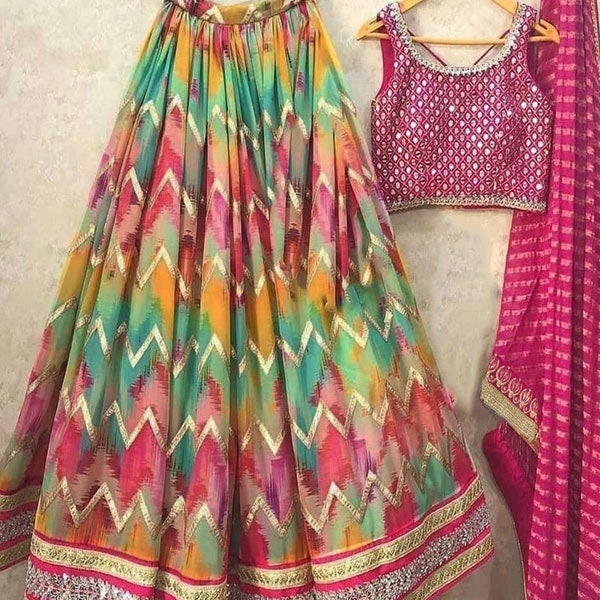 Pink Multicolor Lehenga Choli Dress With Georgette Chunri And Silk Foil Mirror Work Blouse