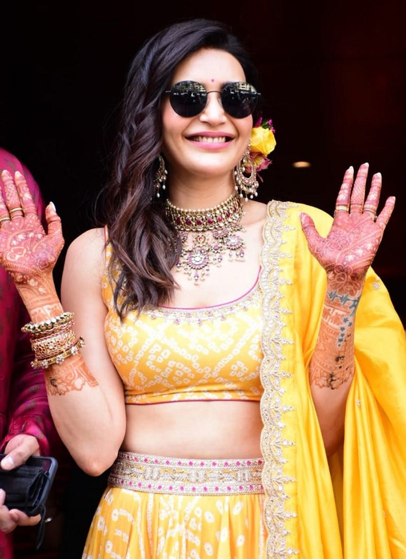 Haldi Mehendi Yellow Lehenga Choli Bhadhani Printed Lehenga Etsy