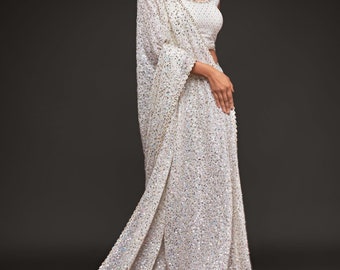 White Color  Sari Georgette, Saree Woman Clothing Dress Indian Sequin Work, Sari Party Wear Dress
